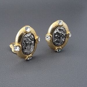 Vintage Gold-Tone Roman Cameo Clip-On Earrings with Crystal Accents Rare Mirror